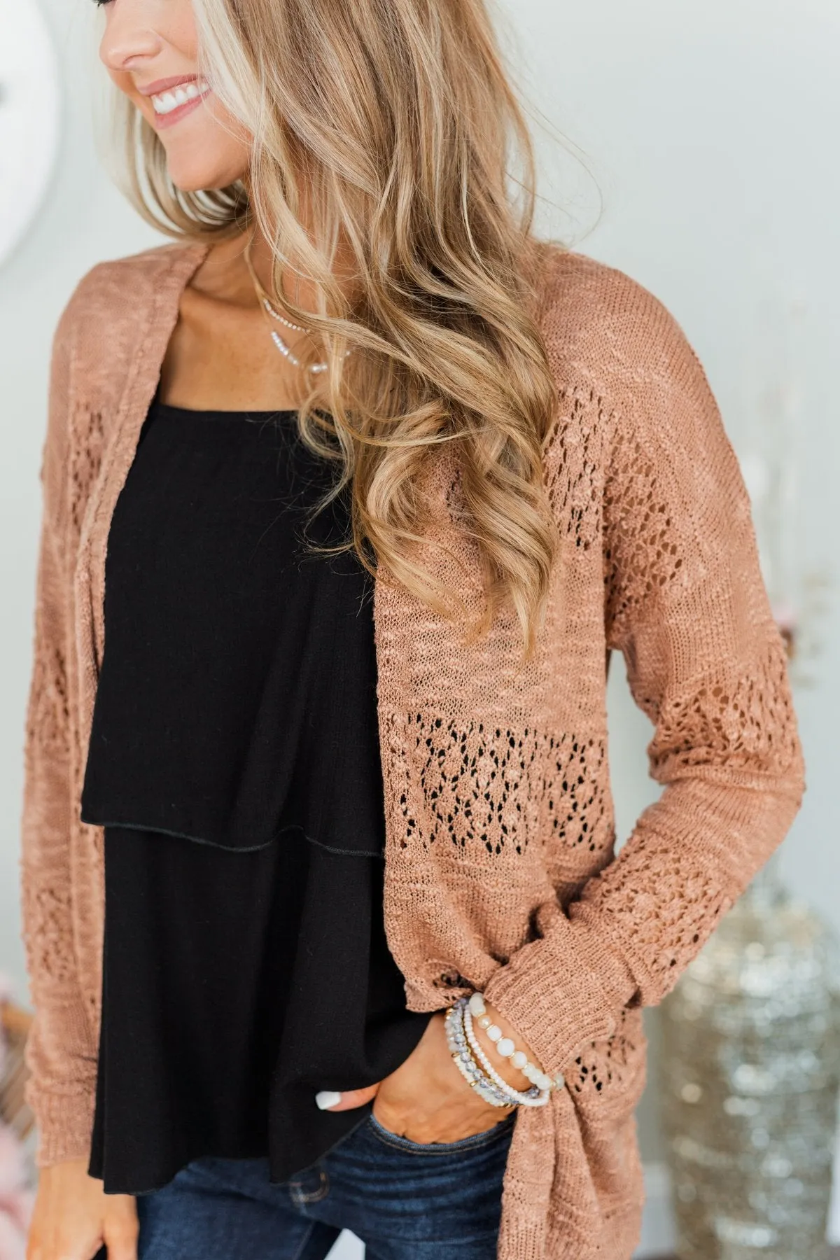 Lovely Life To Live Open Knit Cardigan- Brown