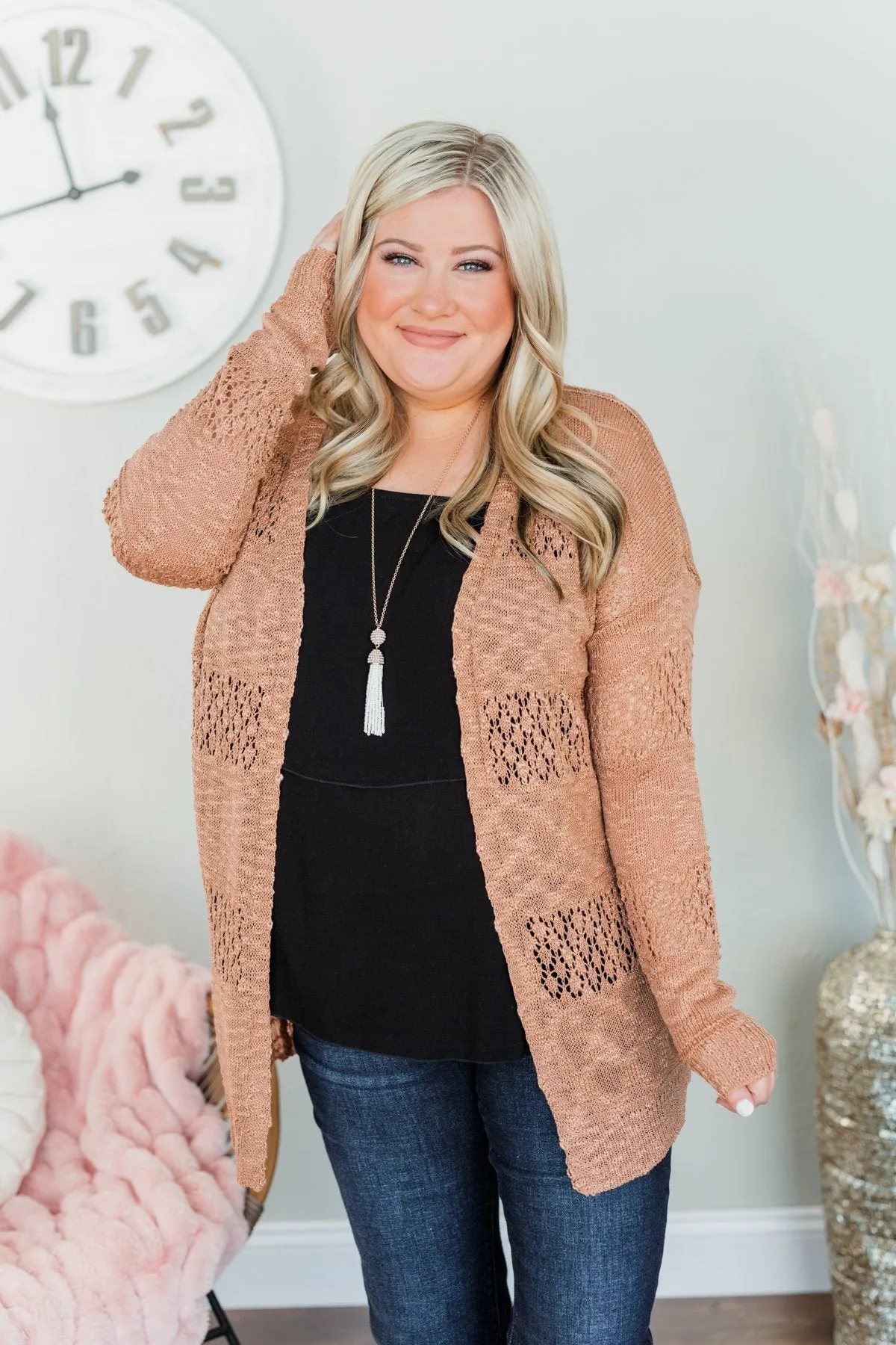 Lovely Life To Live Open Knit Cardigan- Brown