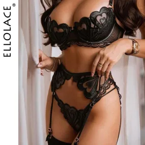 Luxury Lace Embroidery Fancy Underwear 3-Pieces Pushup Bra And Briefs Set