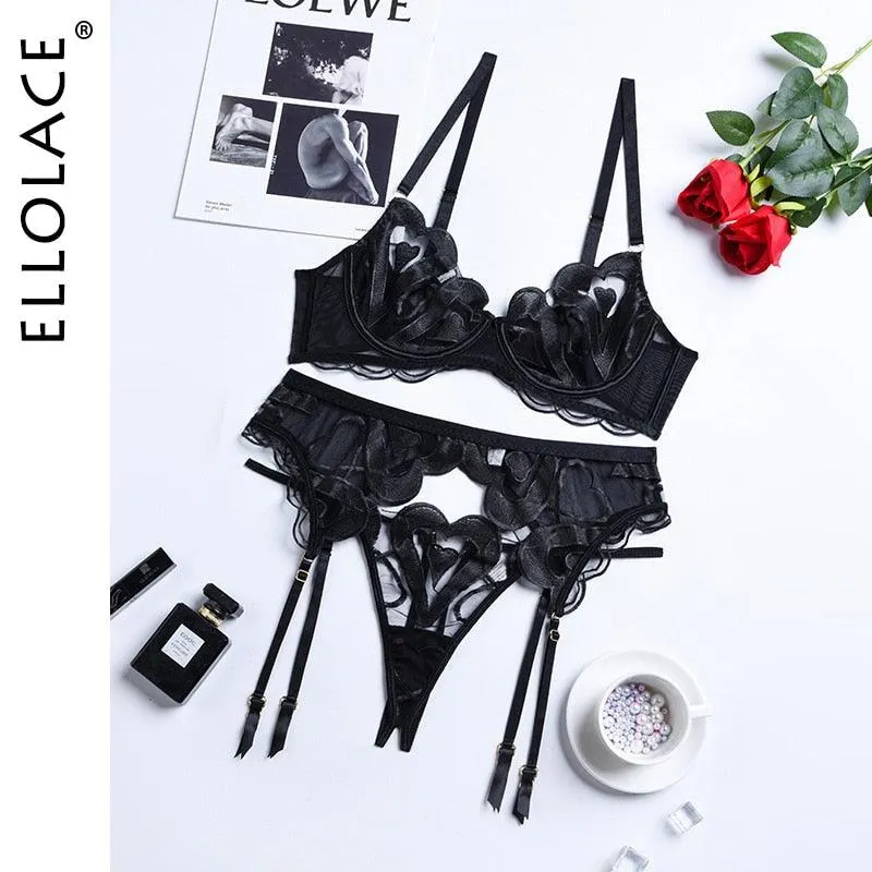 Luxury Lace Embroidery Fancy Underwear 3-Pieces Pushup Bra And Briefs Set