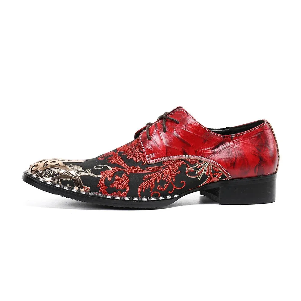 Luxury Red Genuine Leather Pointed Toe Lace-up Oxford Shoes for Men