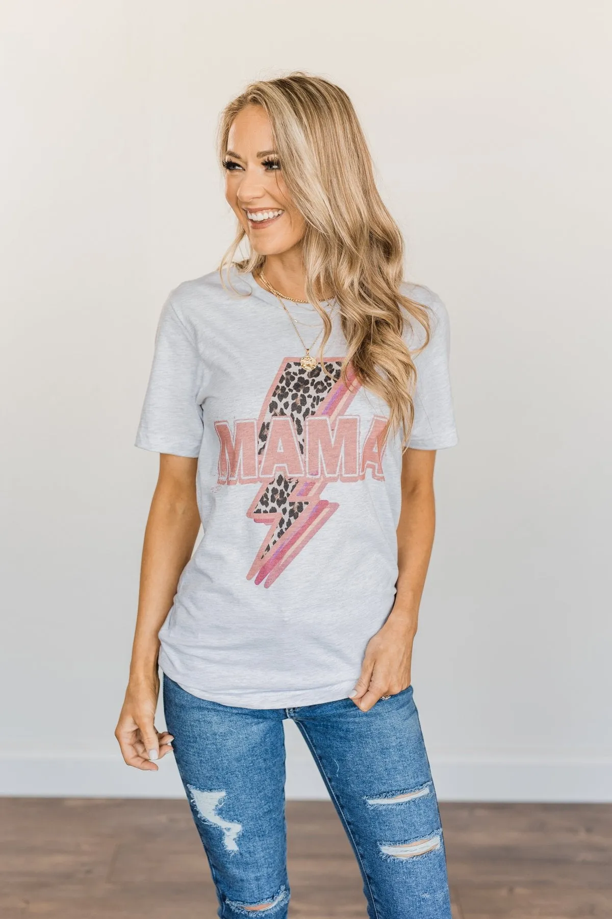 Mama Leopard Lightning Bolt Graphic Tee- Heather Grey