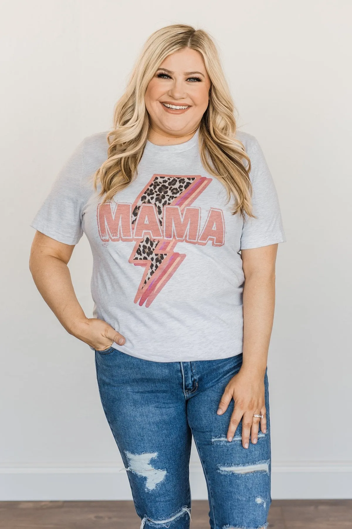 Mama Leopard Lightning Bolt Graphic Tee- Heather Grey