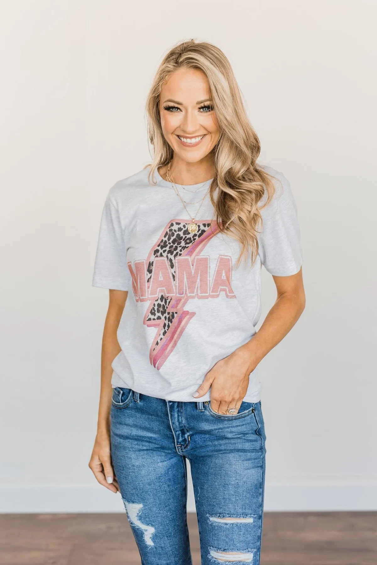 Mama Leopard Lightning Bolt Graphic Tee- Heather Grey