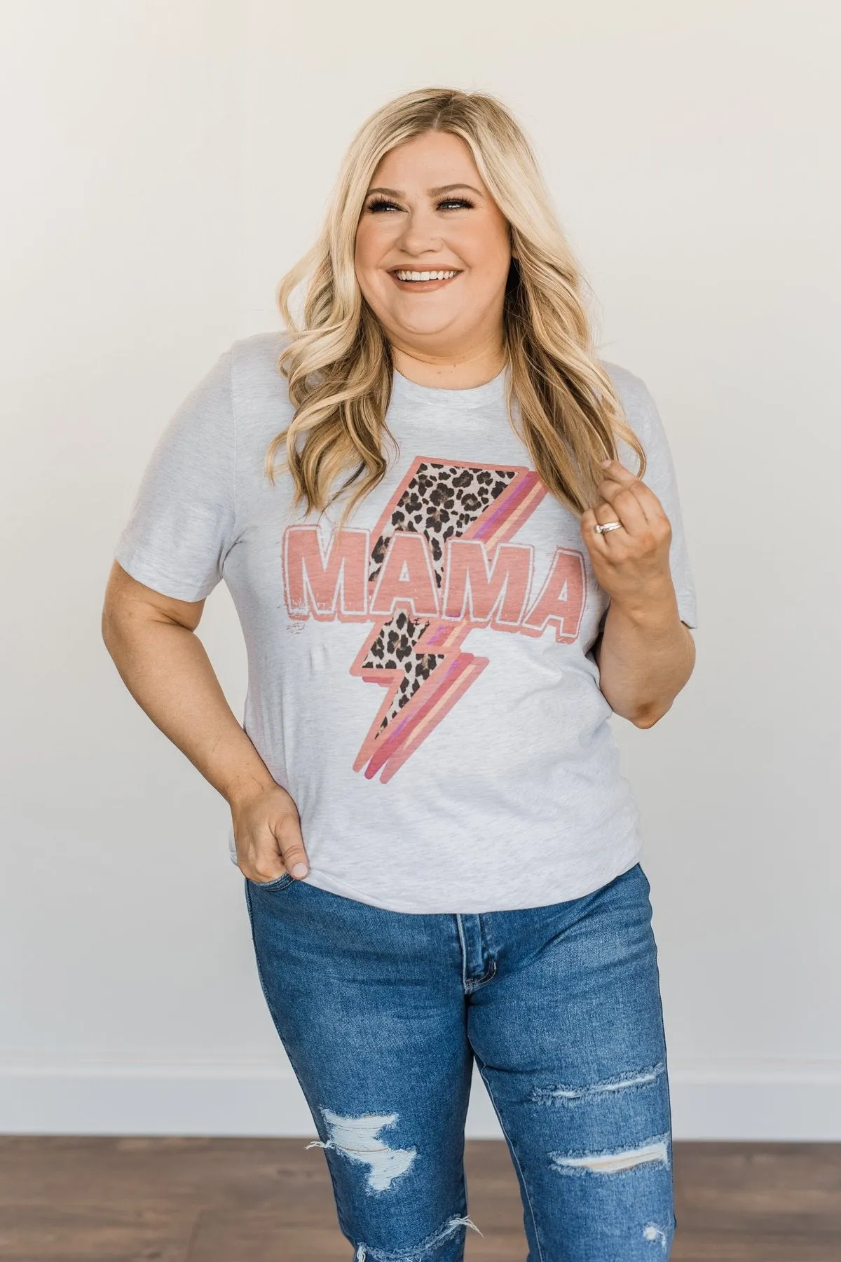 Mama Leopard Lightning Bolt Graphic Tee- Heather Grey