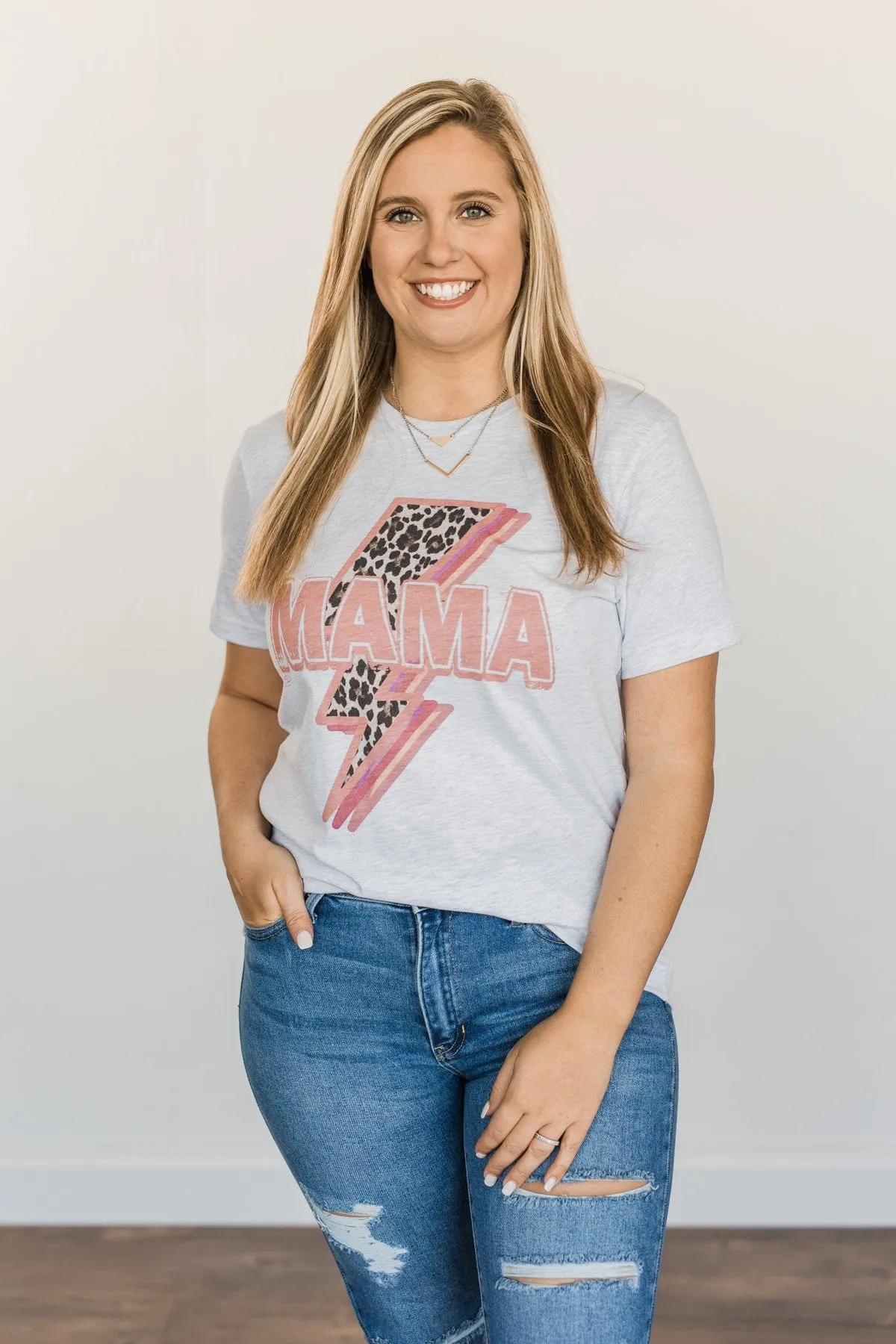 Mama Leopard Lightning Bolt Graphic Tee- Heather Grey