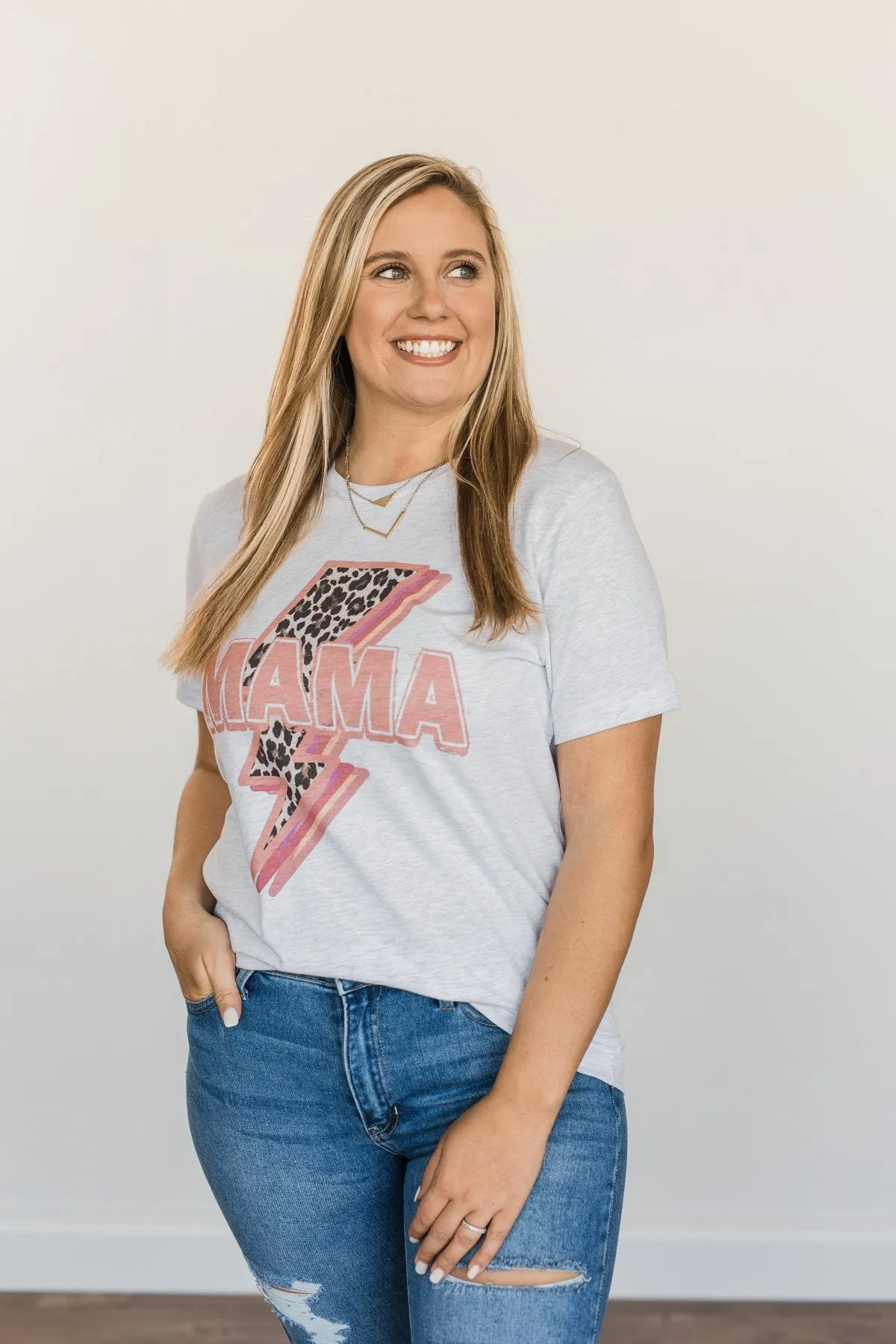 Mama Leopard Lightning Bolt Graphic Tee- Heather Grey