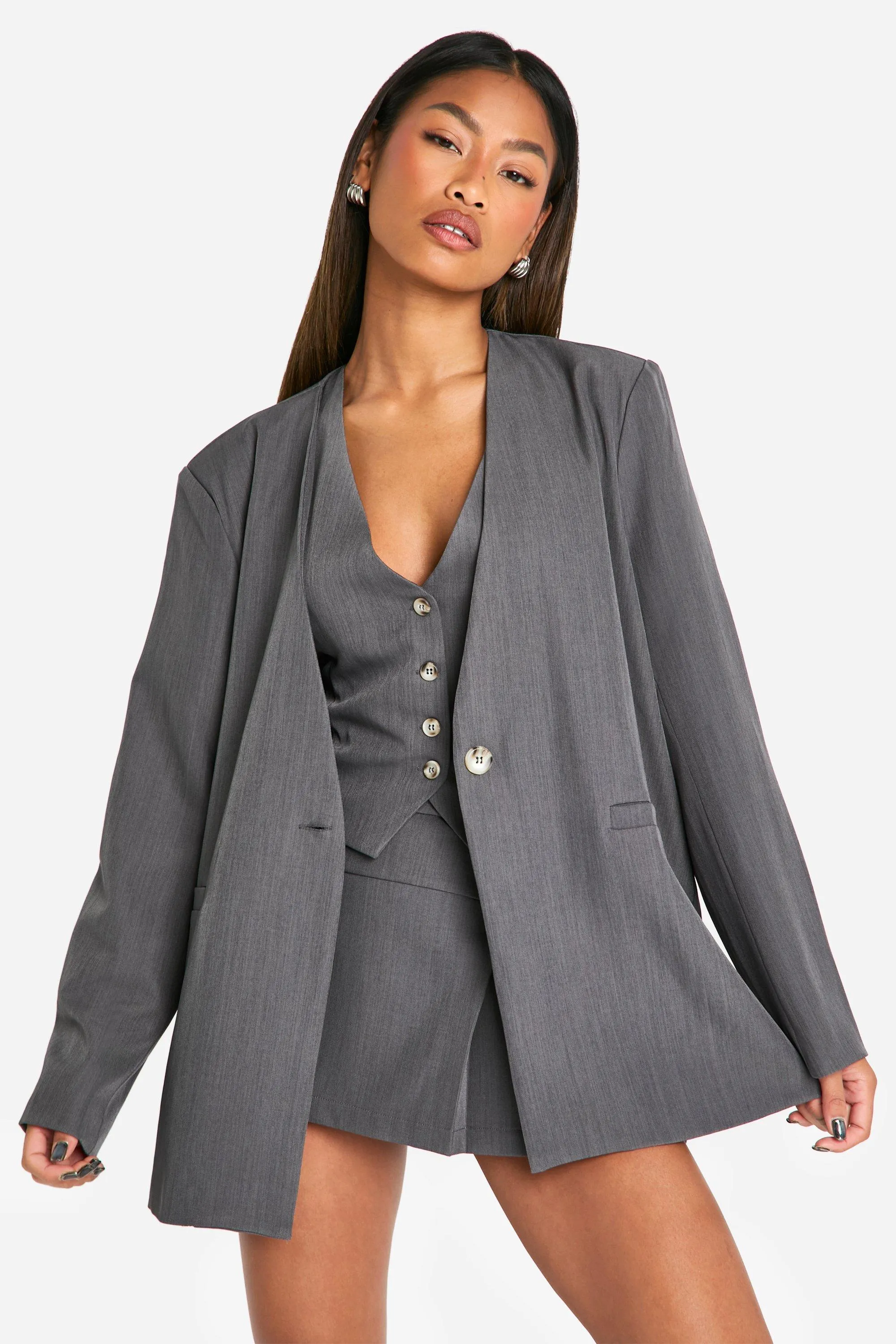 Marl Collarless Relaxed Fit Blazer