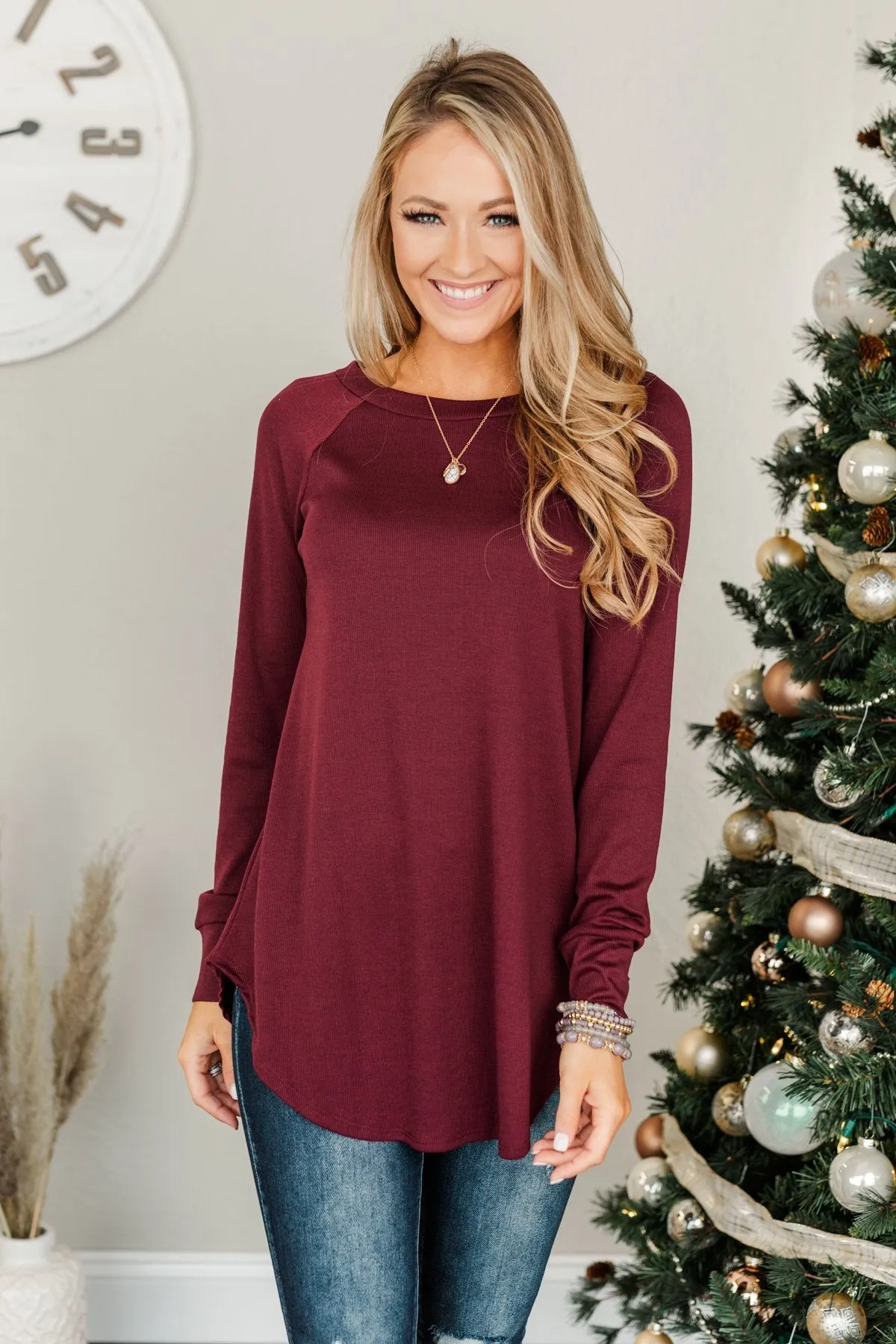 Meet In The Middle Knit Tunic Top- Burgundy