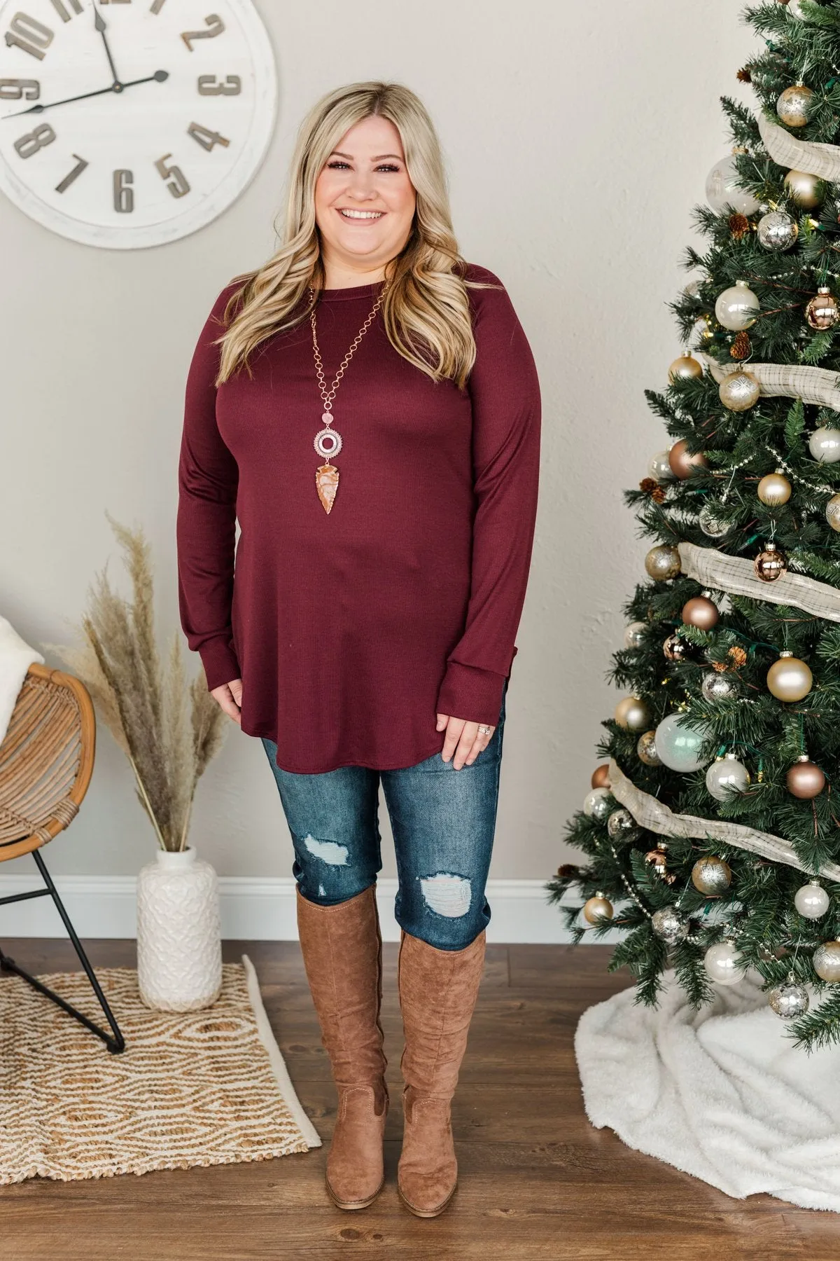 Meet In The Middle Knit Tunic Top- Burgundy