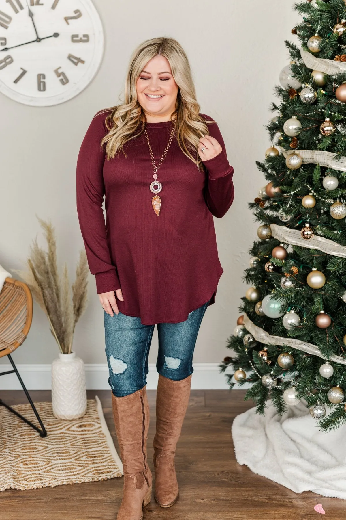 Meet In The Middle Knit Tunic Top- Burgundy