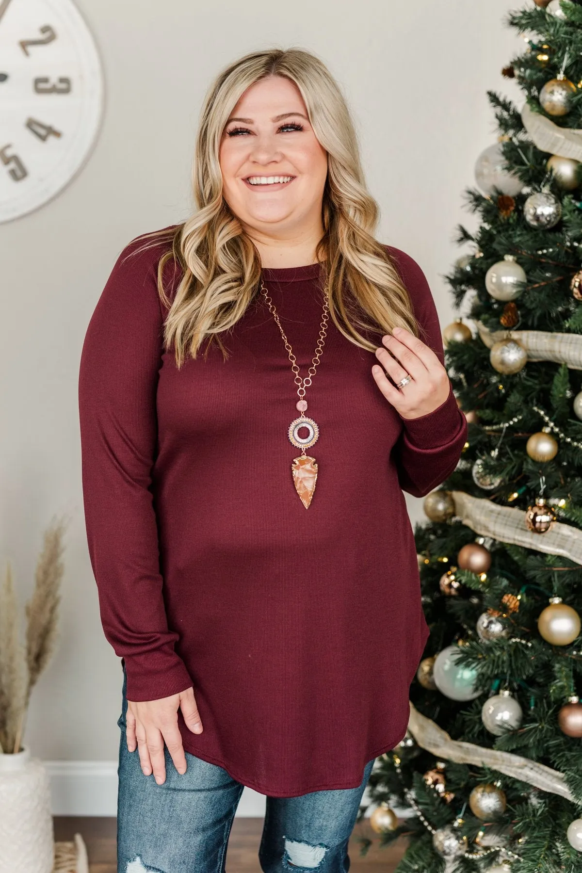 Meet In The Middle Knit Tunic Top- Burgundy