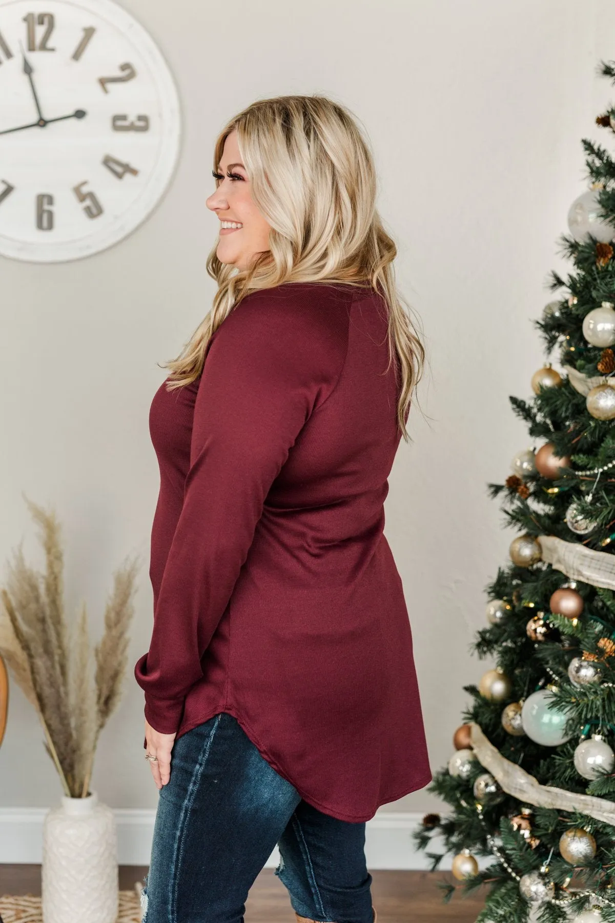 Meet In The Middle Knit Tunic Top- Burgundy