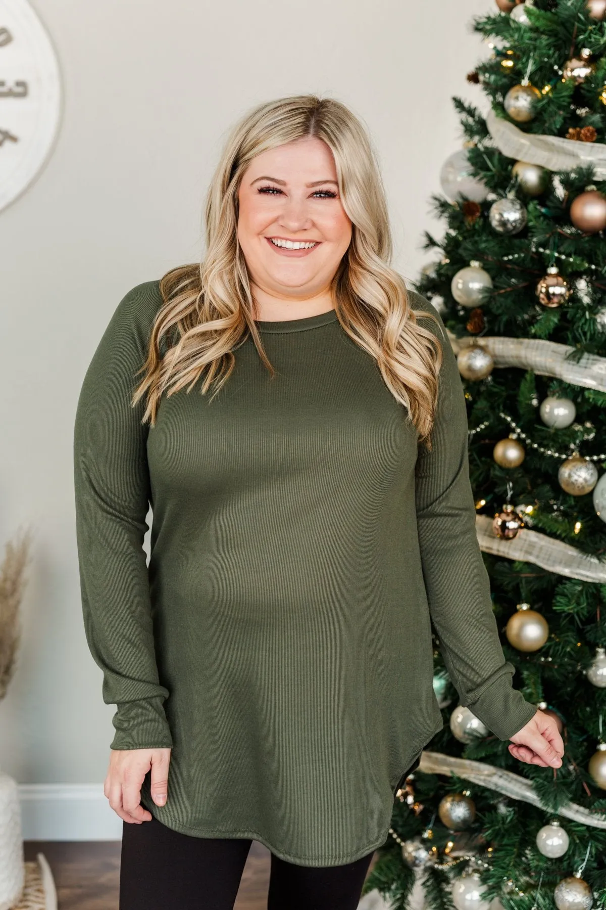 Meet In The Middle Knit Tunic Top- Olive