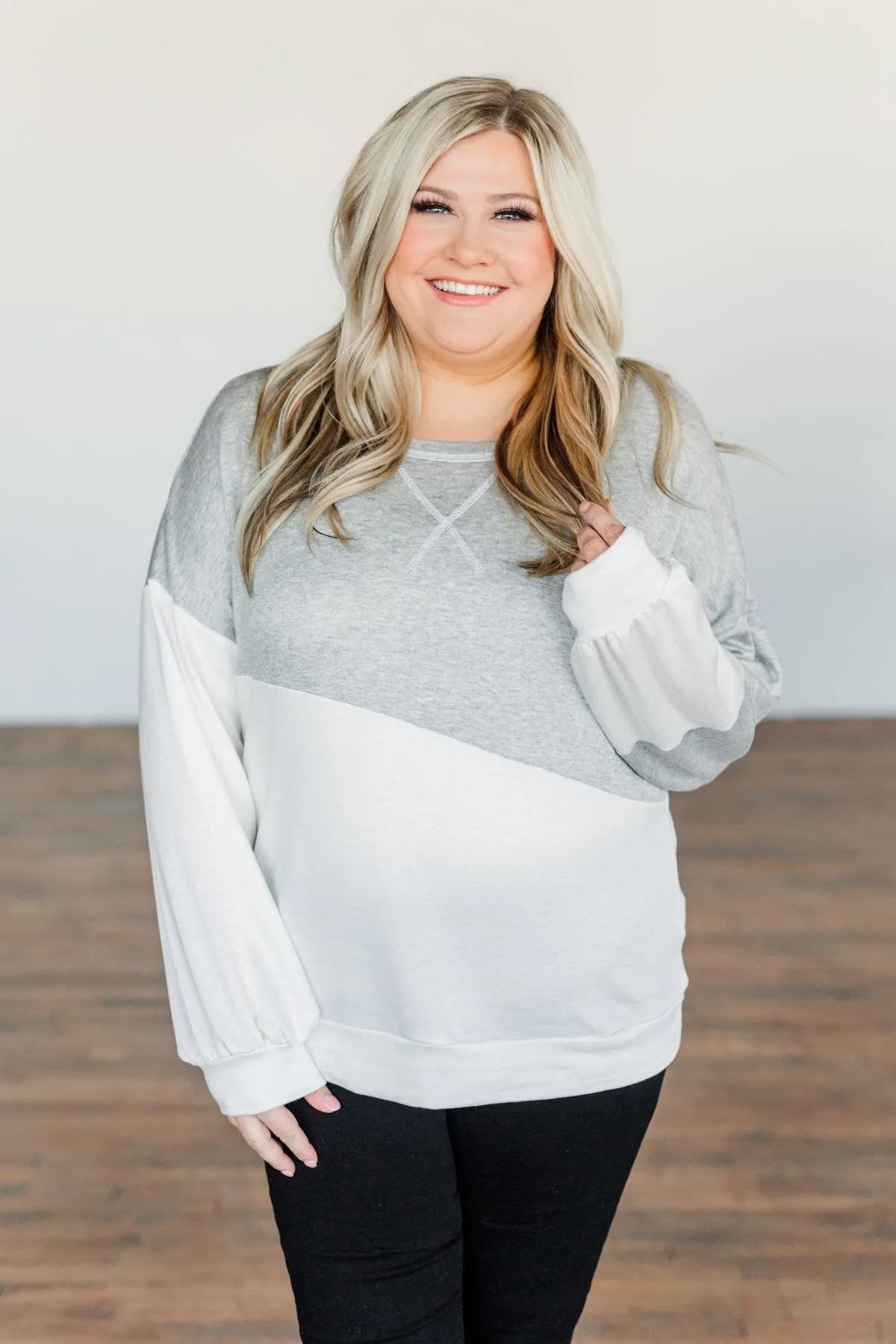 Memory Filled Moments Color Block Top- Grey & Ivory