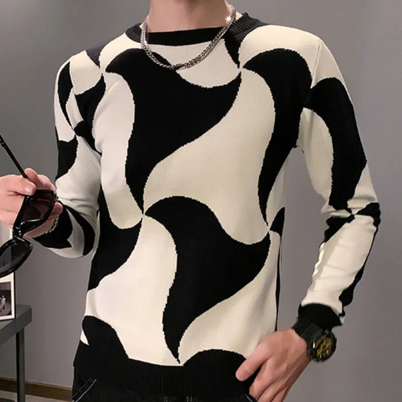 Men's Knitted Patchwork Pattern Slim Long Sleeve Streetwear Pullover