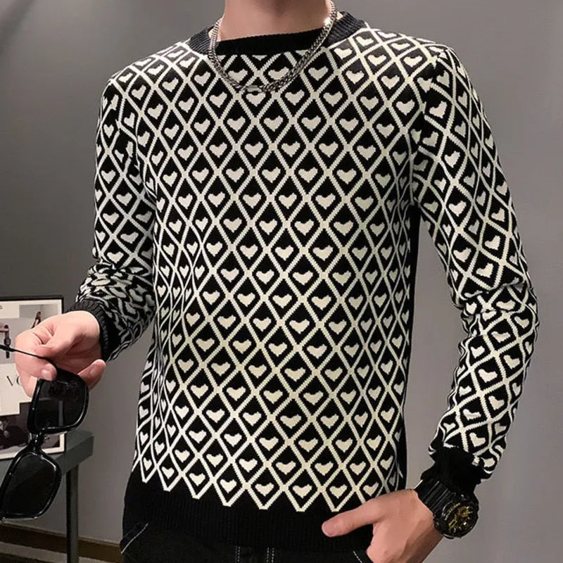 Men's Knitted Patchwork Pattern Slim Long Sleeve Streetwear Pullover