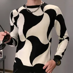 Men's Knitted Patchwork Pattern Slim Long Sleeve Streetwear Pullover