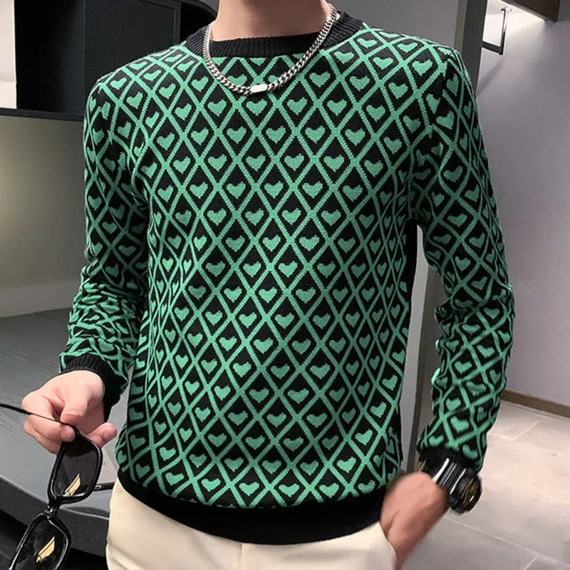 Men's Knitted Patchwork Pattern Slim Long Sleeve Streetwear Pullover