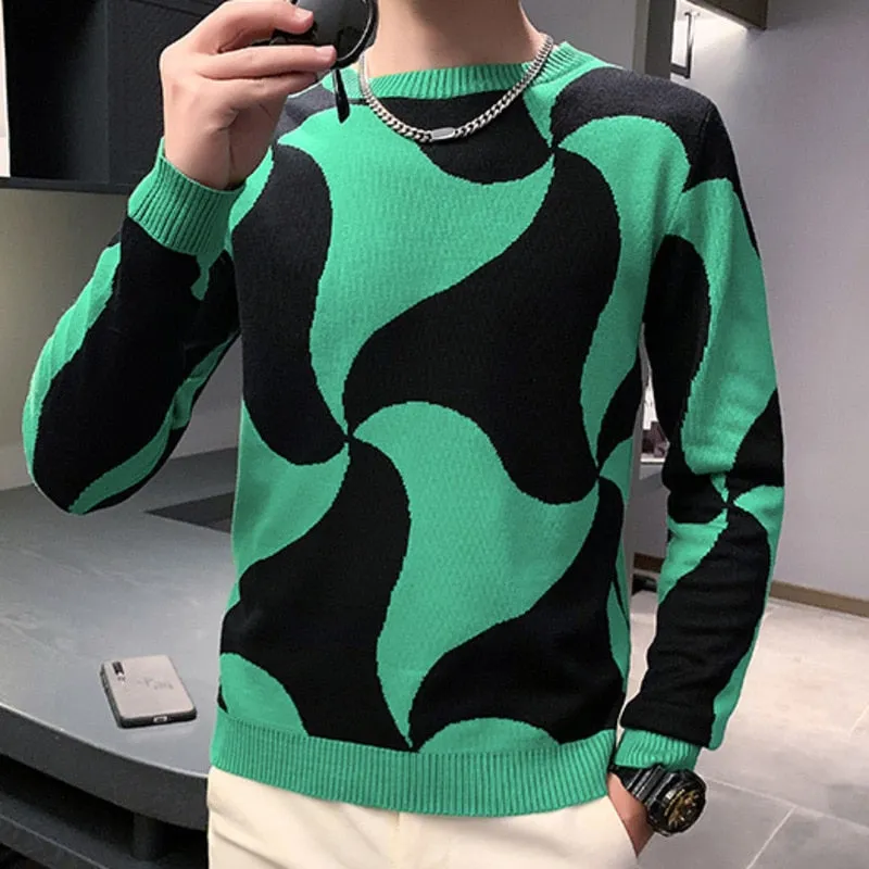 Men's Knitted Patchwork Pattern Slim Long Sleeve Streetwear Pullover