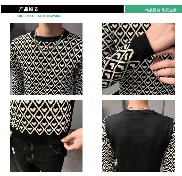 Men's Knitted Patchwork Pattern Slim Long Sleeve Streetwear Pullover