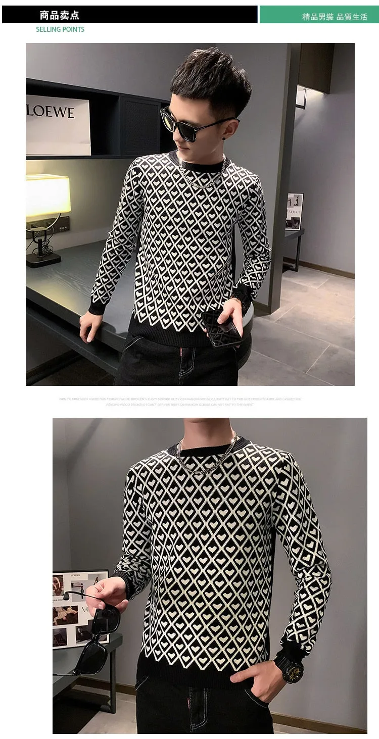 Men's Knitted Patchwork Pattern Slim Long Sleeve Streetwear Pullover