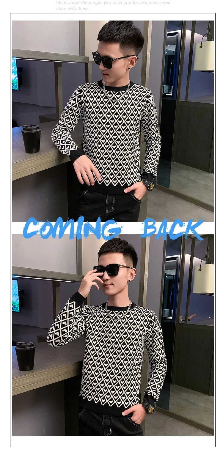 Men's Knitted Patchwork Pattern Slim Long Sleeve Streetwear Pullover