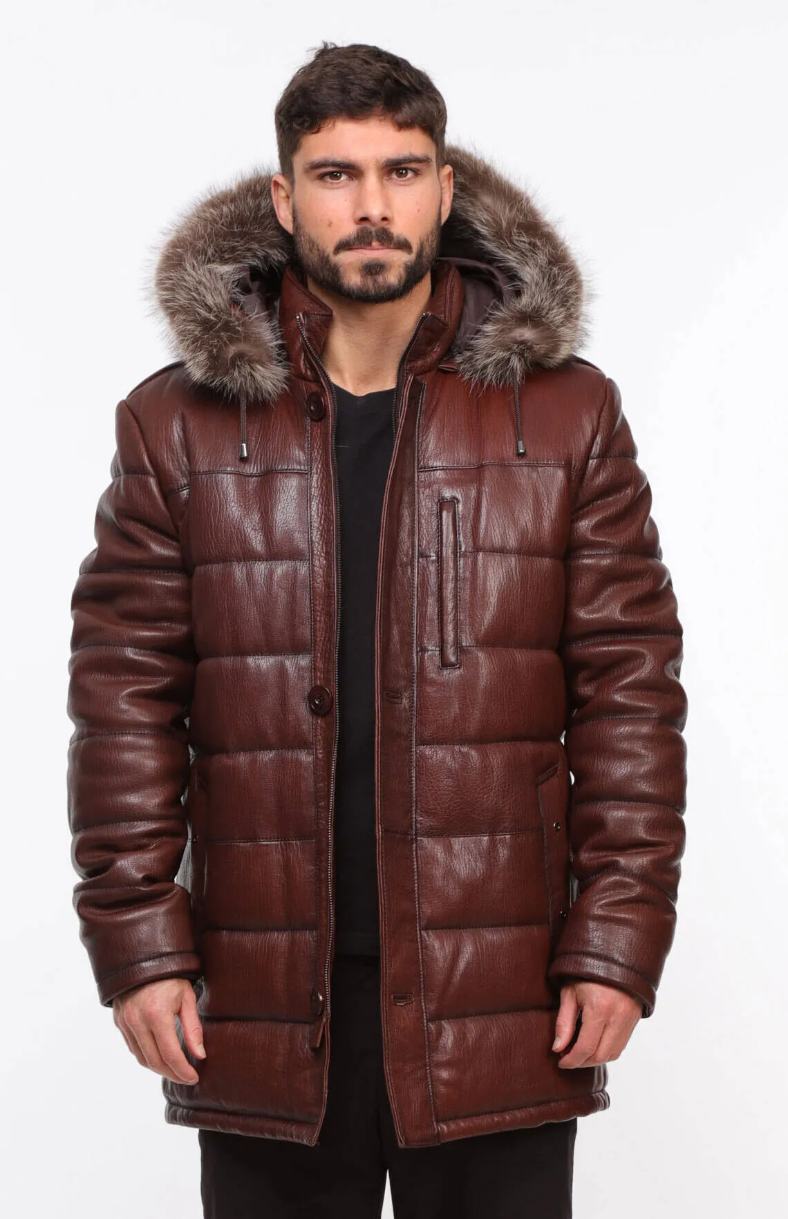 Men's mahogany \benji\ leather down jacket