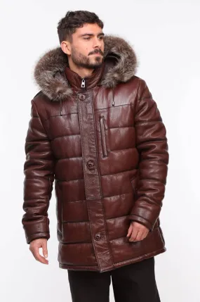 Men's mahogany \benji\ leather down jacket