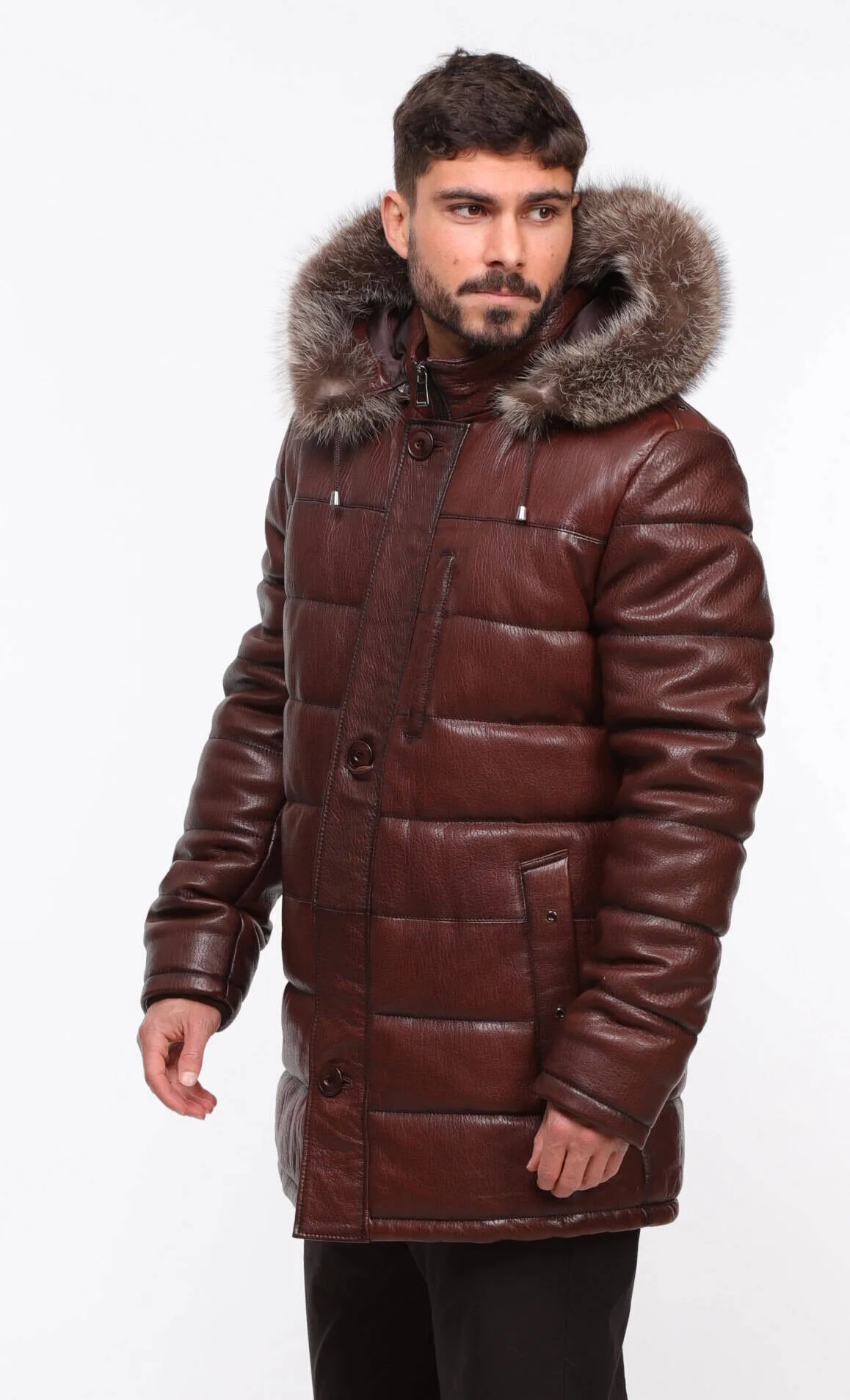 Men's mahogany \benji\ leather down jacket