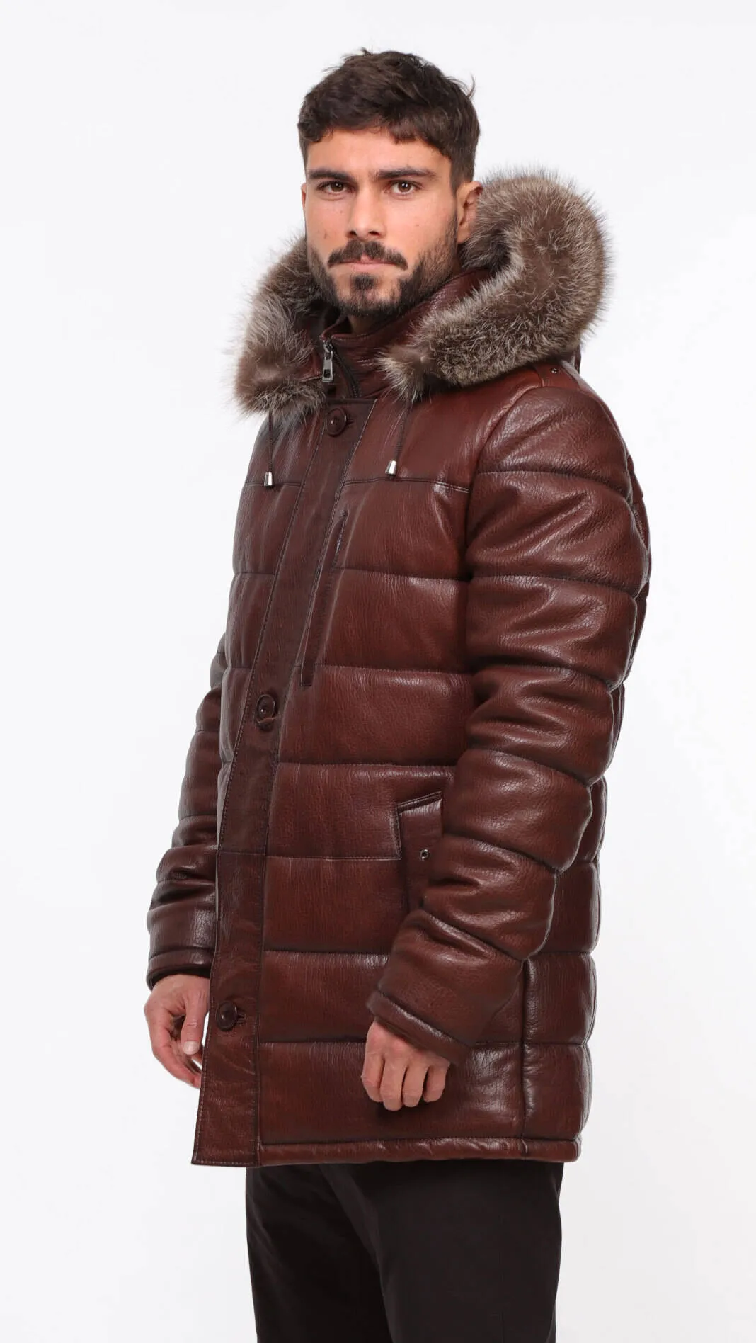 Men's mahogany \benji\ leather down jacket