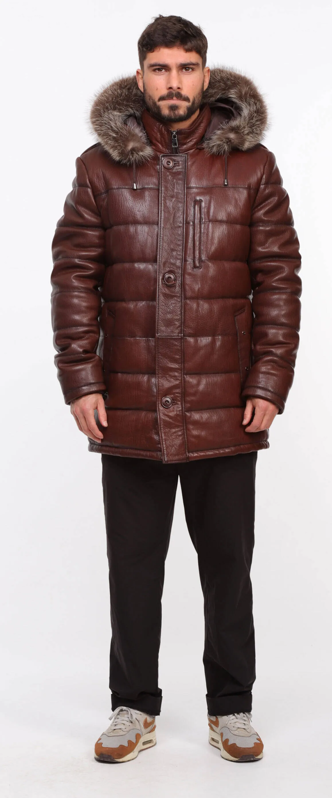 Men's mahogany \benji\ leather down jacket