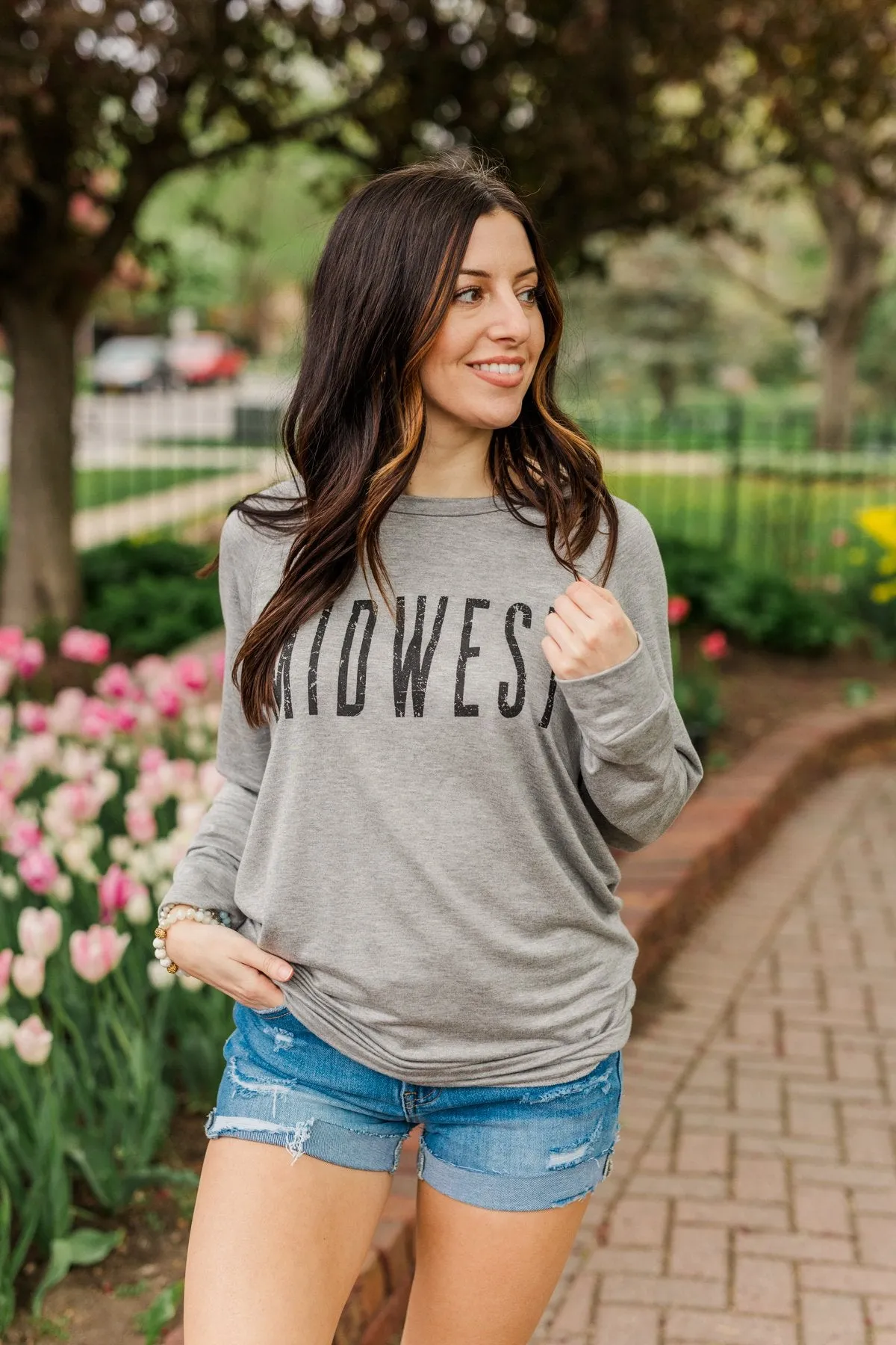 Midwest Long Sleeve Graphic Top- Grey