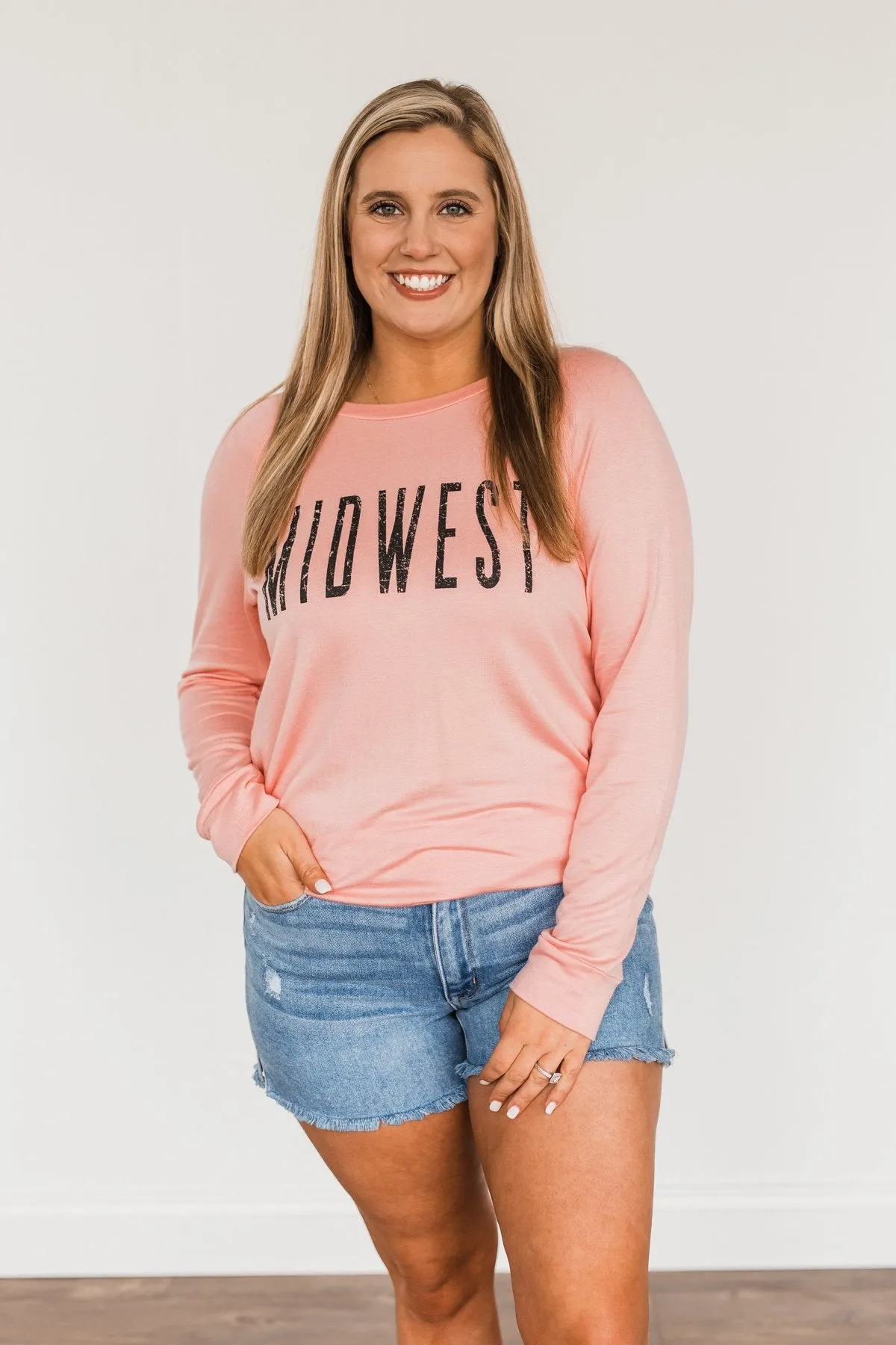 Midwest Long Sleeve Graphic Top- Light Pink