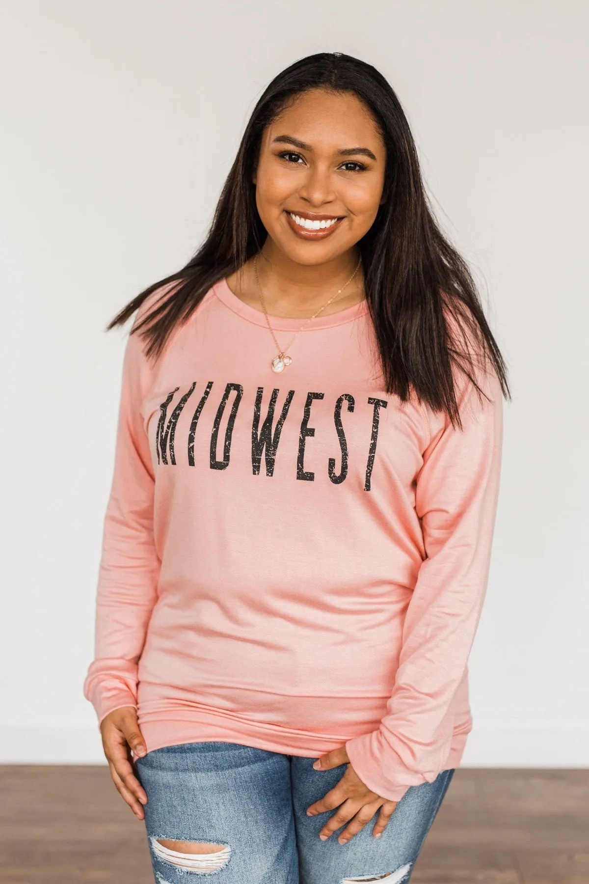 Midwest Long Sleeve Graphic Top- Light Pink