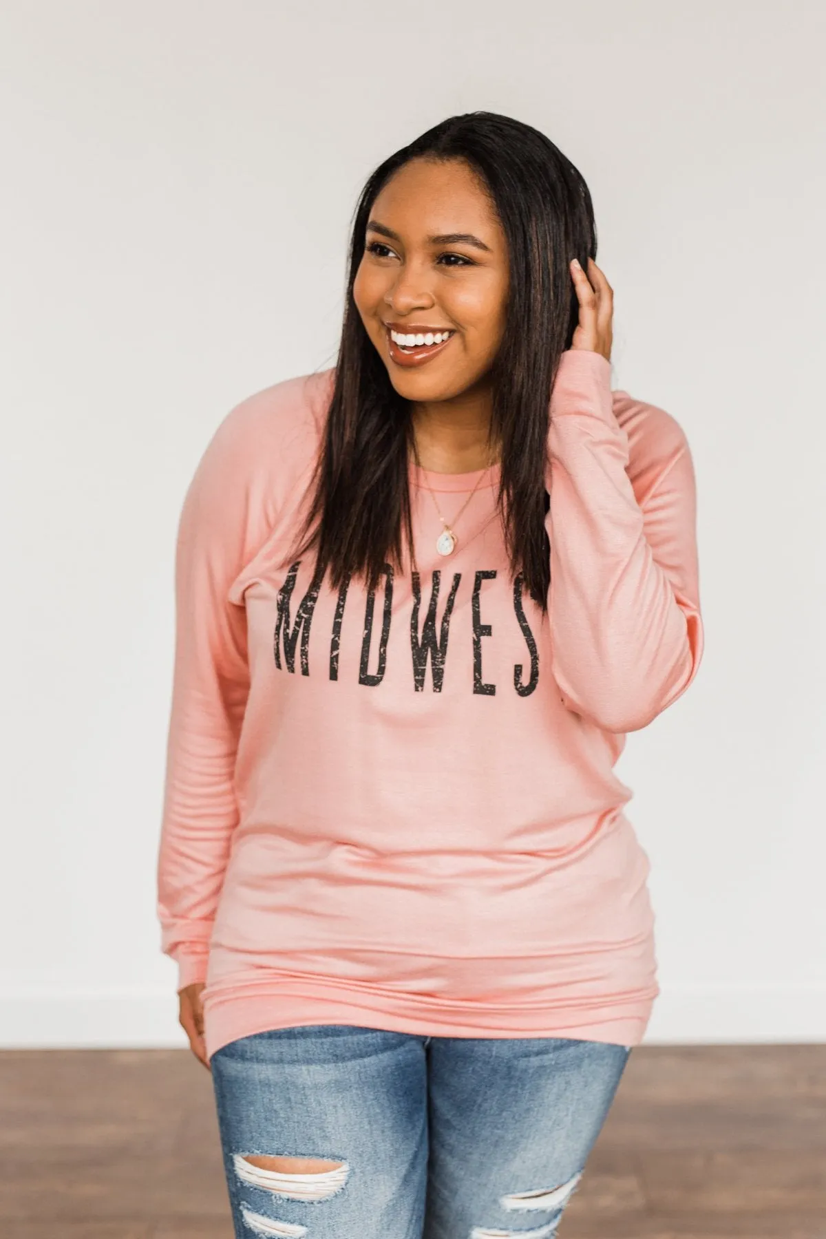 Midwest Long Sleeve Graphic Top- Light Pink