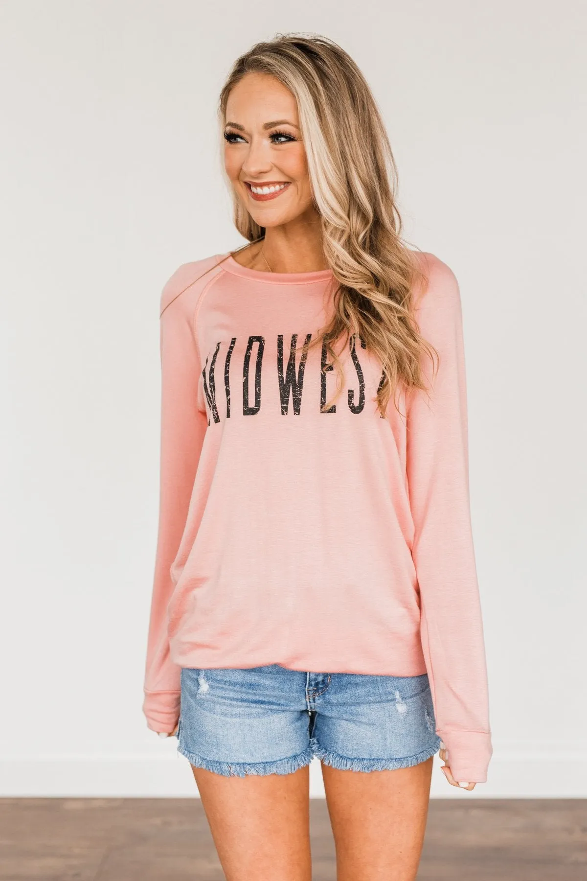 Midwest Long Sleeve Graphic Top- Light Pink