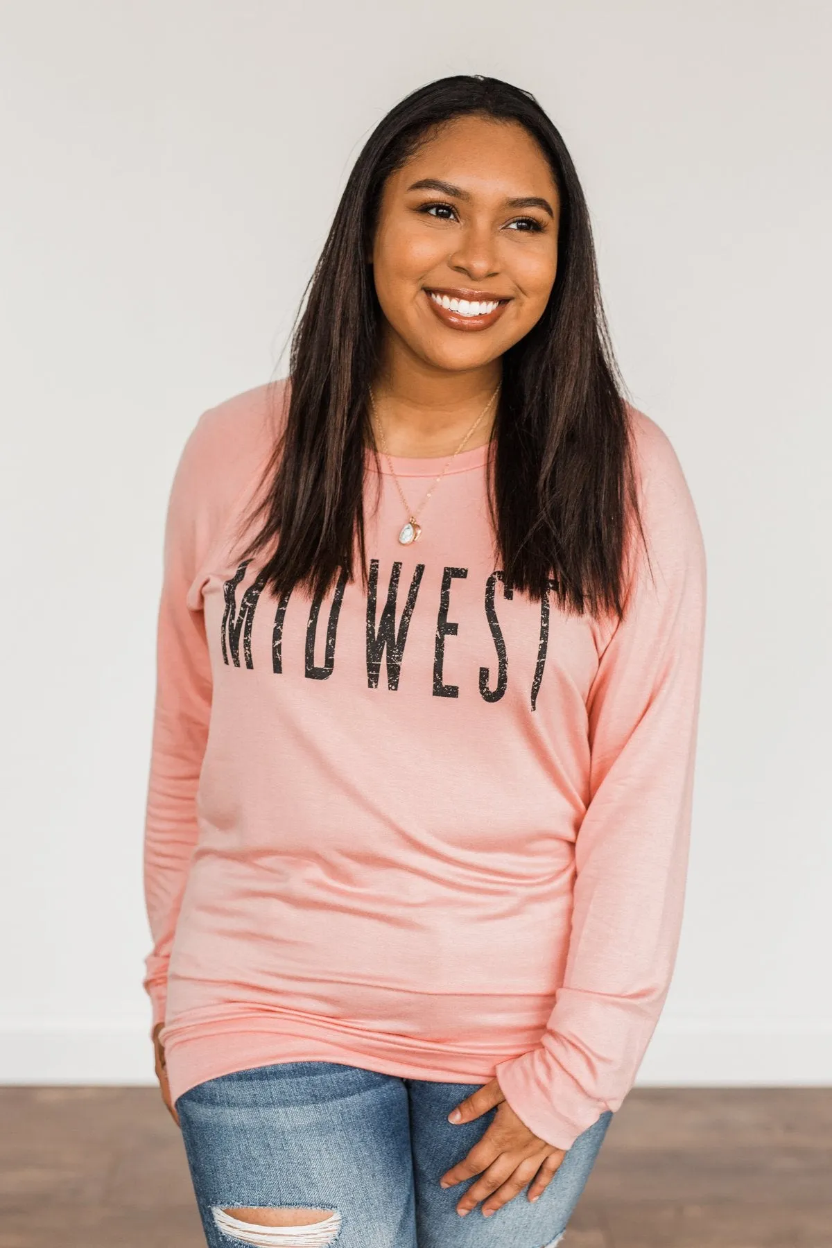 Midwest Long Sleeve Graphic Top- Light Pink