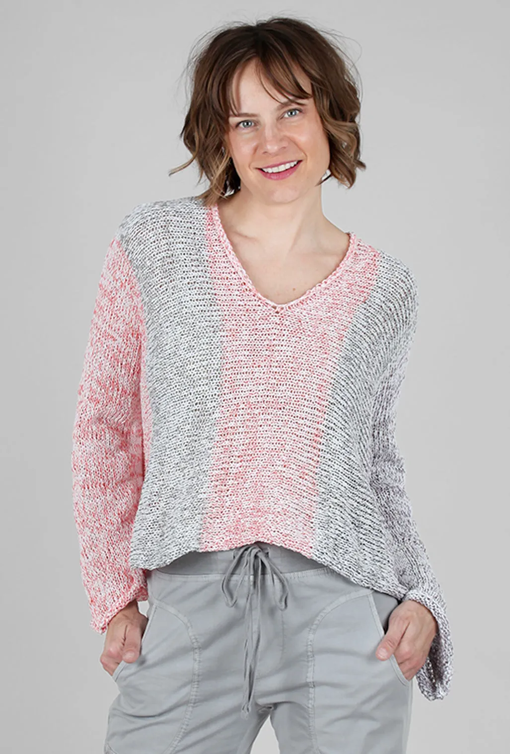 Mixed Knits Vee Pullover, Gray/Red/Limon Mix