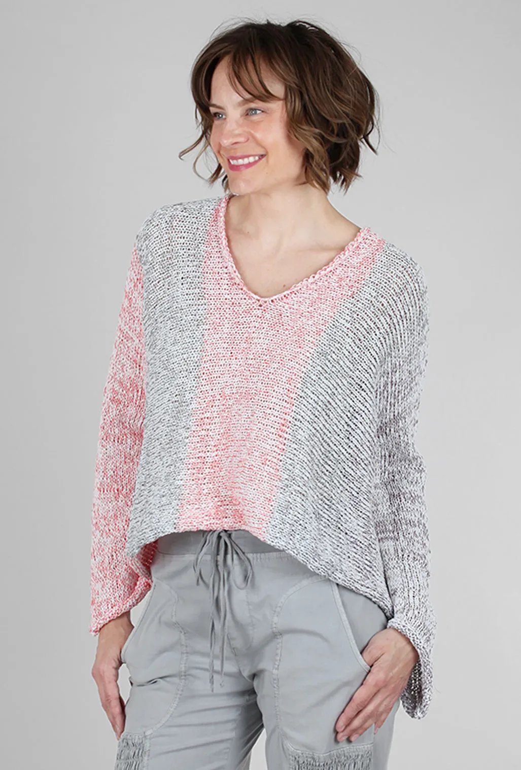 Mixed Knits Vee Pullover, Gray/Red/Limon Mix