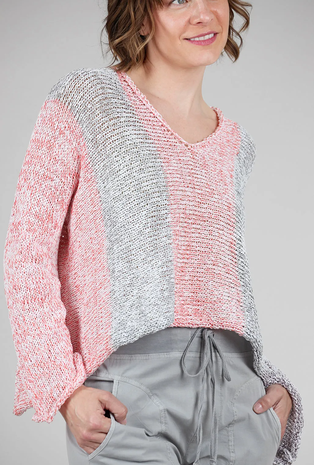 Mixed Knits Vee Pullover, Gray/Red/Limon Mix