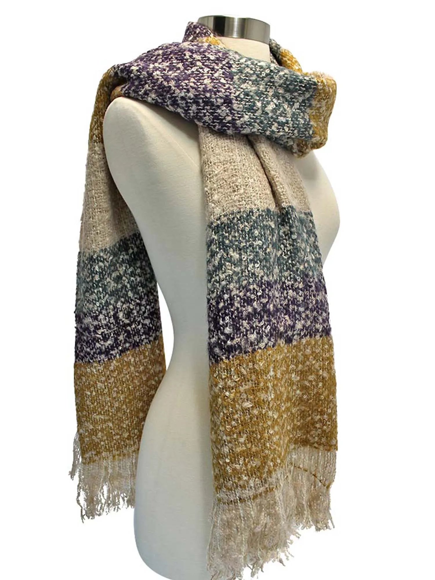 Mustard Tan Purple Color Block Oversize Winter Knit Blanket Scarf