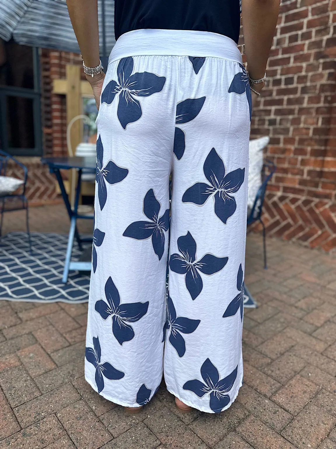 Navy & White Relaxed Floral Wide Leg Trousers