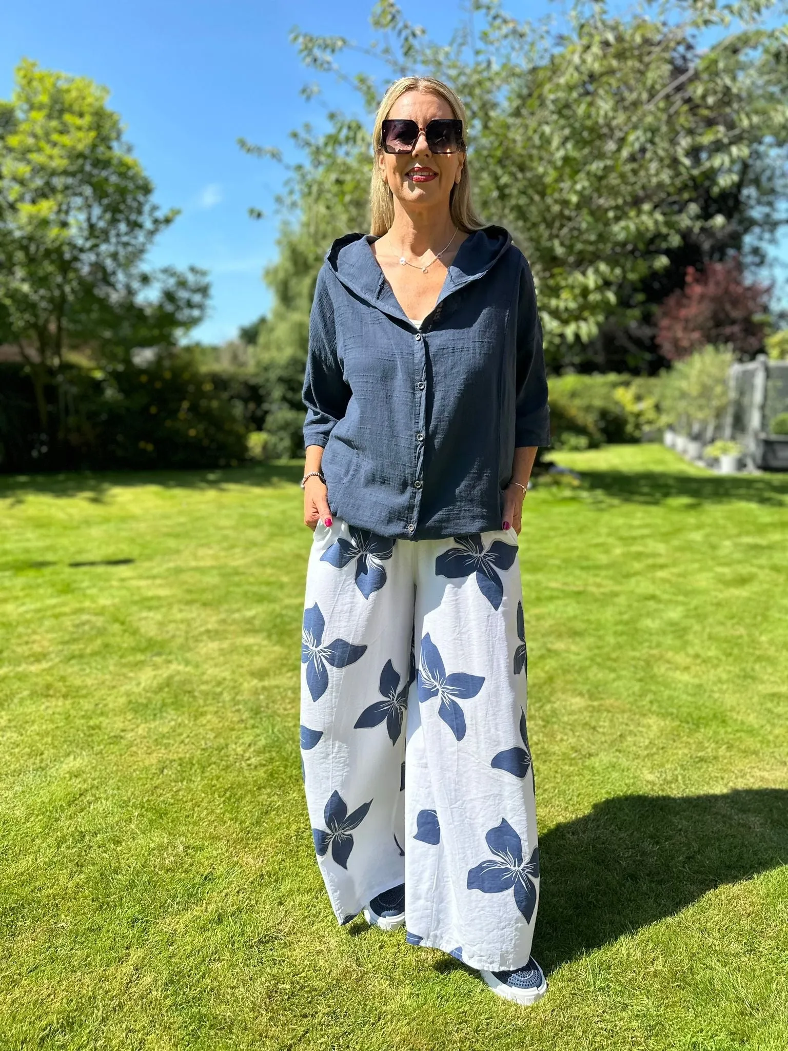 Navy & White Relaxed Floral Wide Leg Trousers