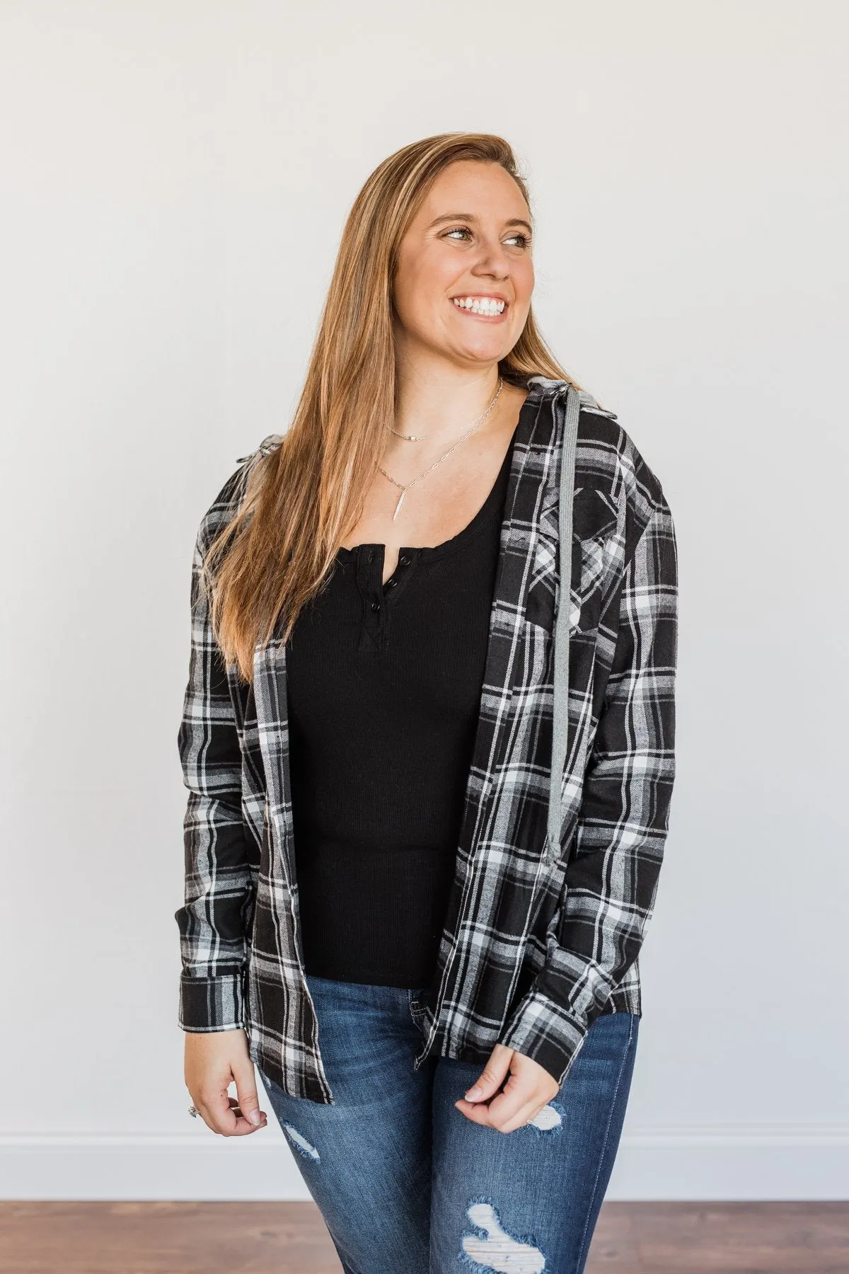 Nights By The Fire Hooded Plaid Top- Black