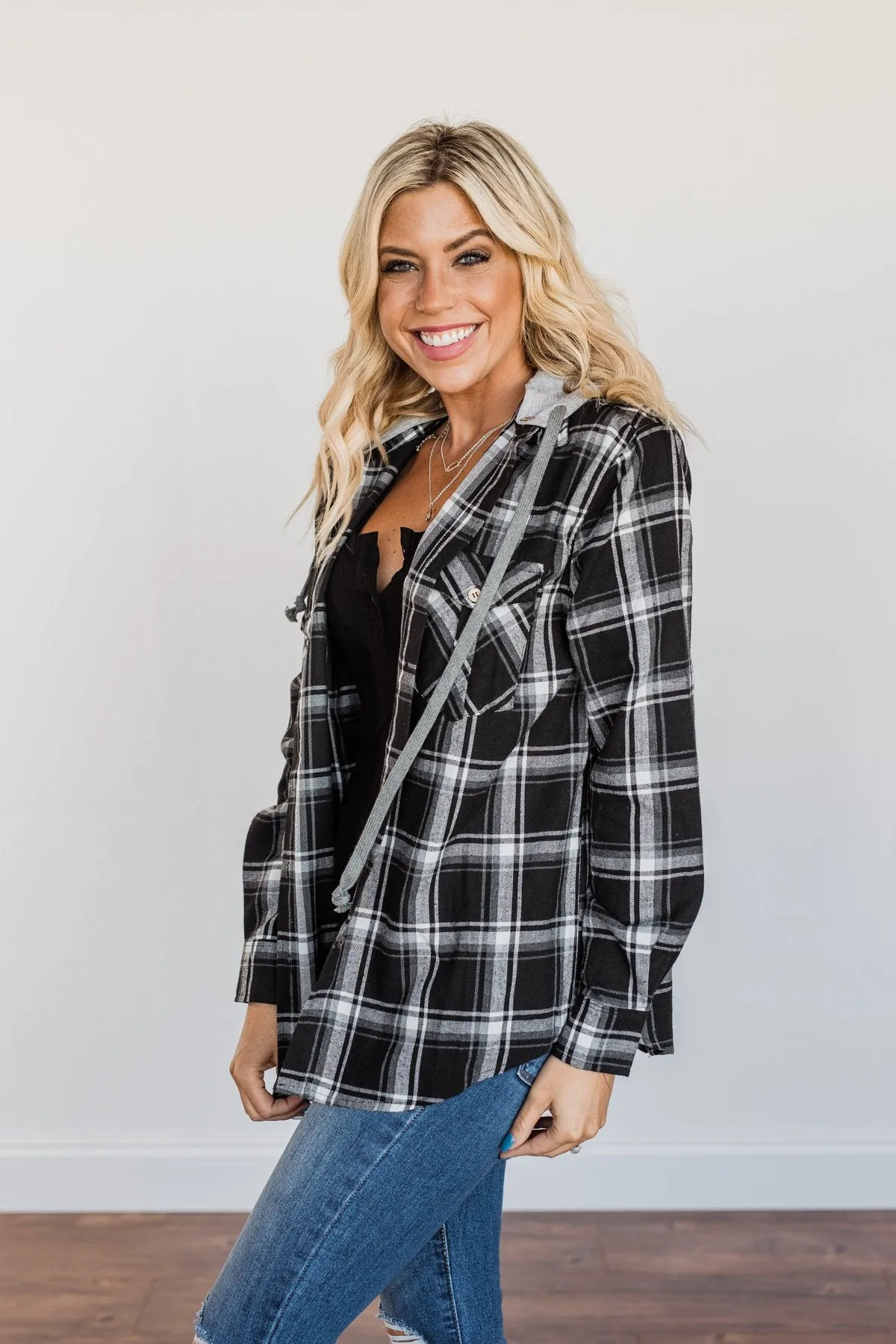 Nights By The Fire Hooded Plaid Top- Black