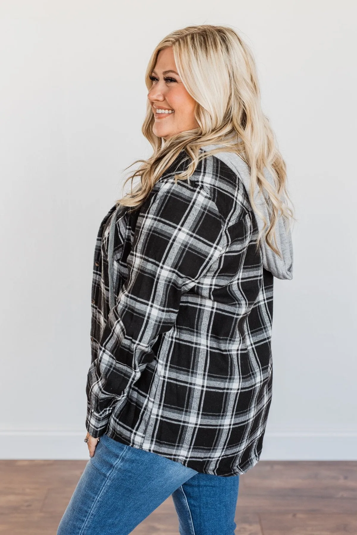 Nights By The Fire Hooded Plaid Top- Black