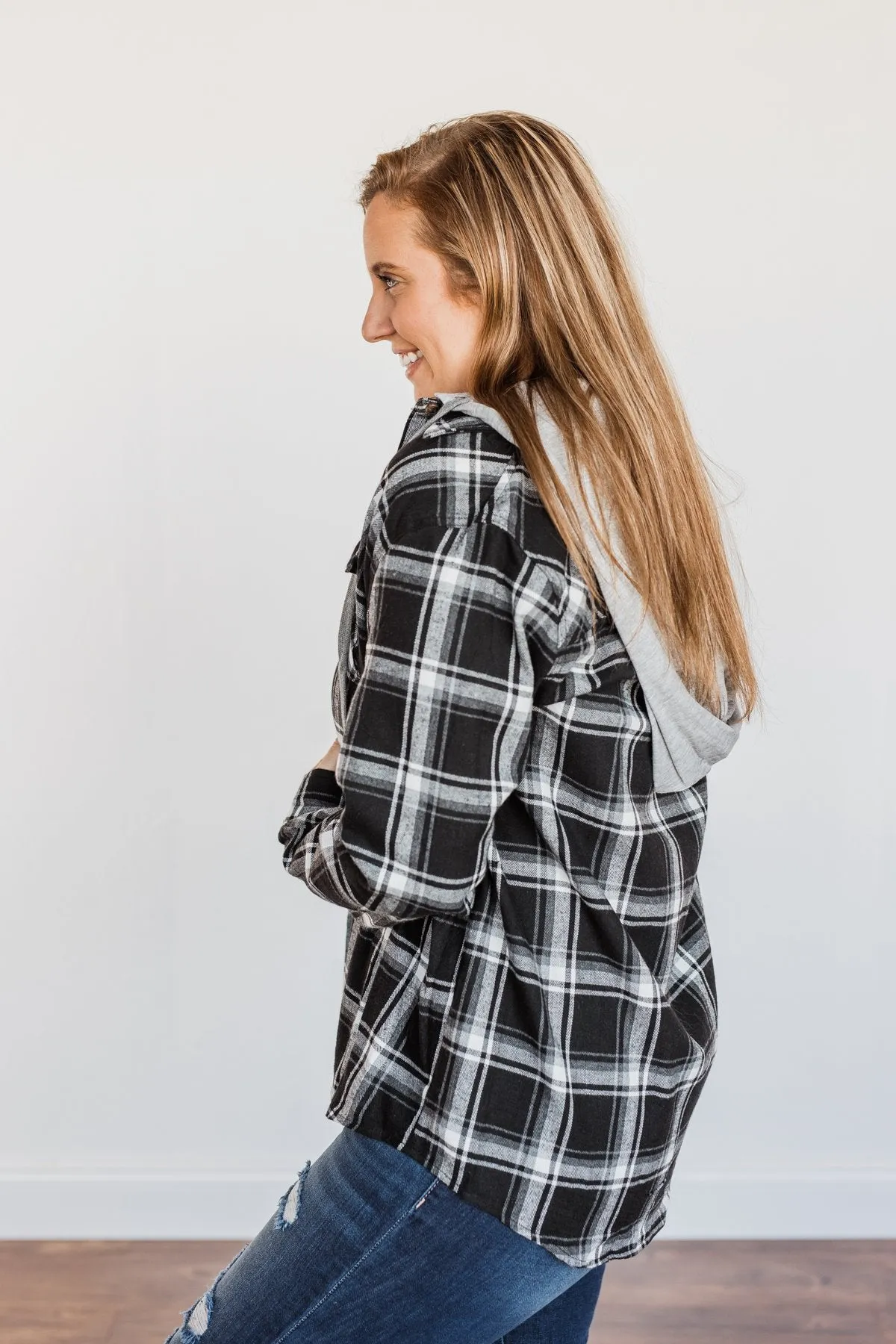 Nights By The Fire Hooded Plaid Top- Black