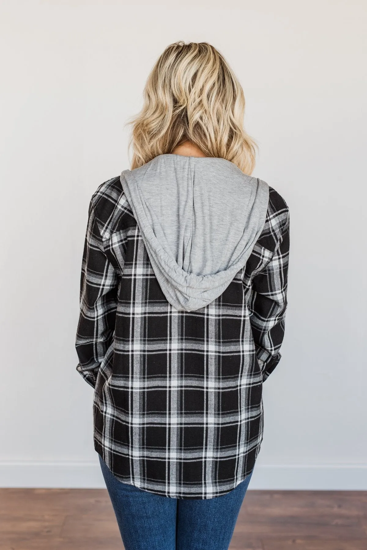 Nights By The Fire Hooded Plaid Top- Black