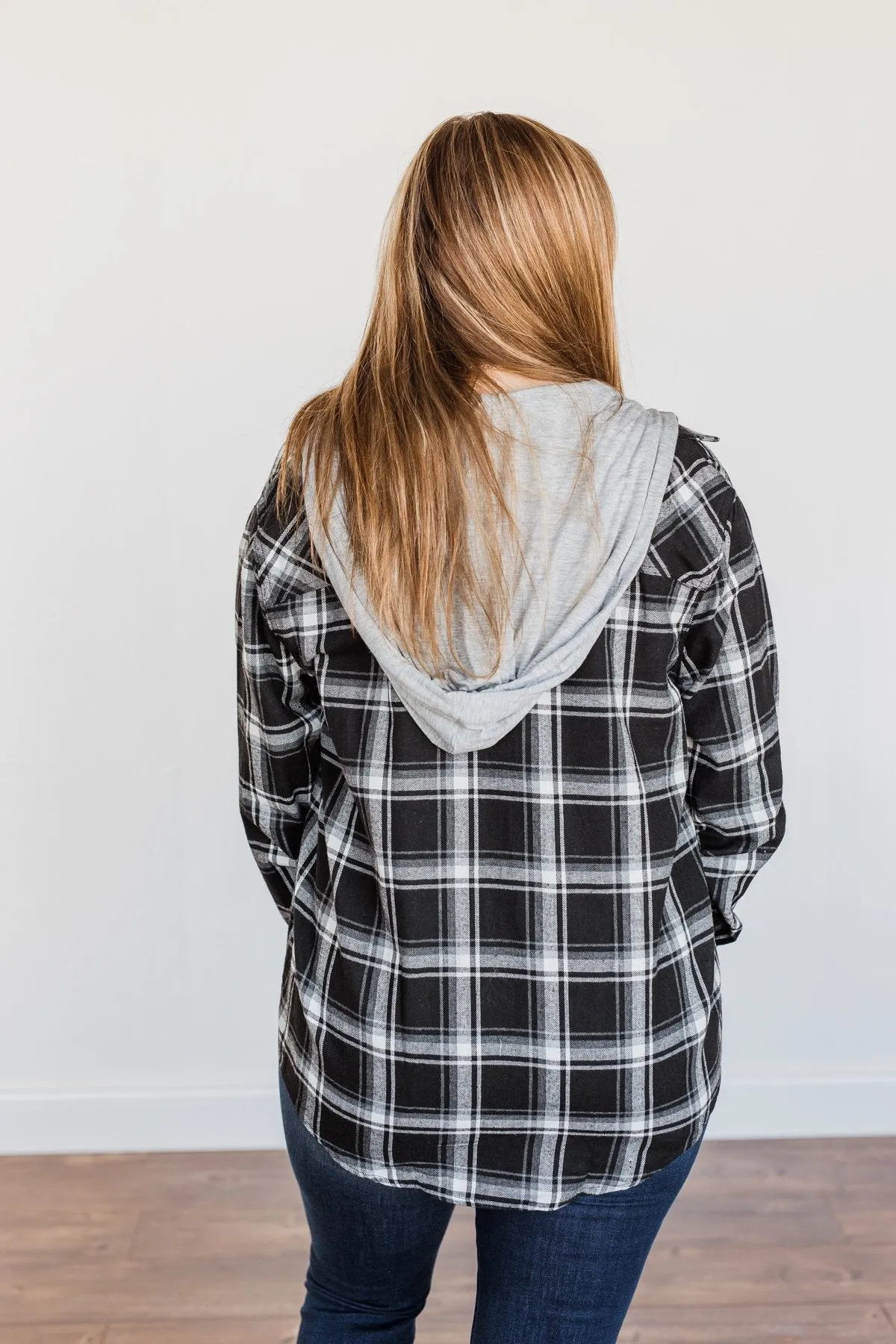 Nights By The Fire Hooded Plaid Top- Black